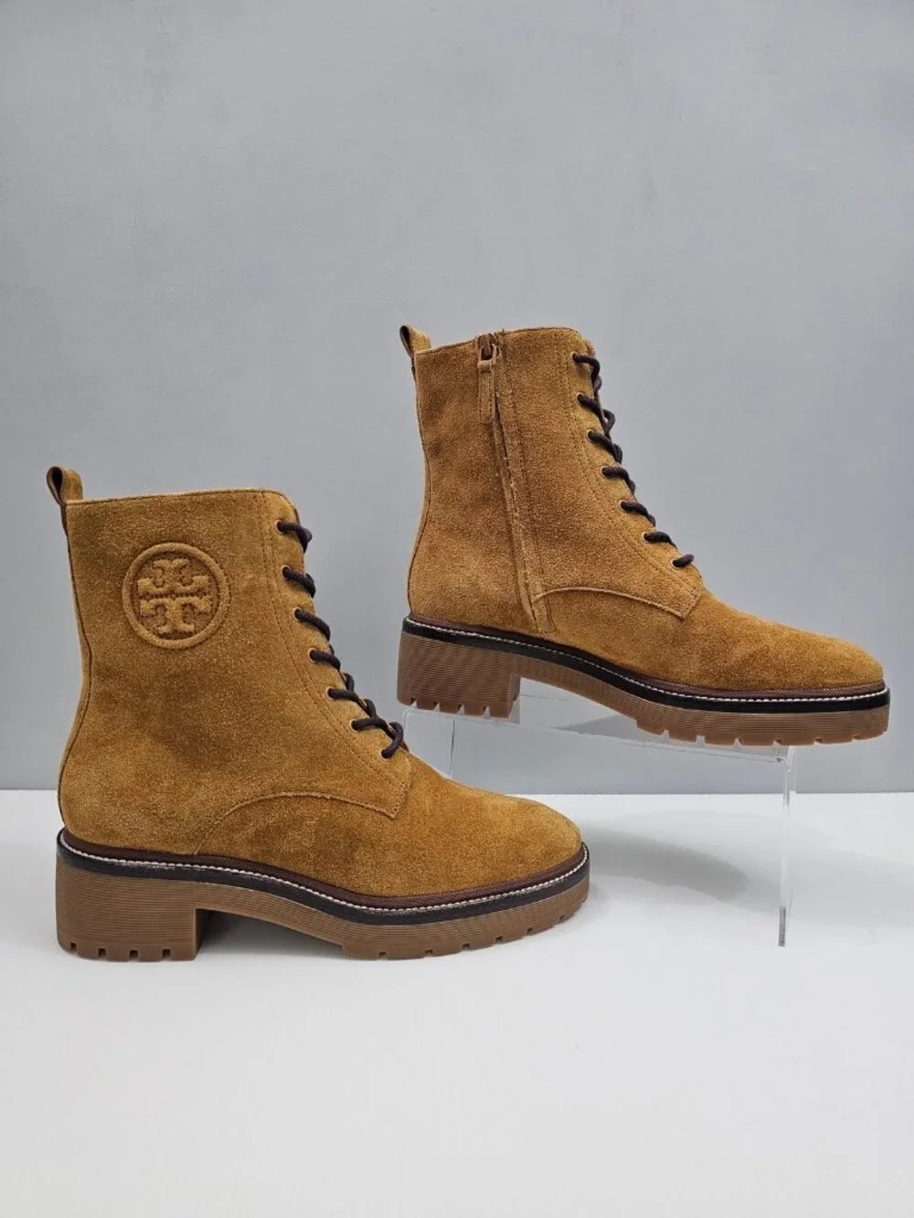 Tory Burch Miller 50mm Lug Sole Bootie Womens 9.5 Tan Suede Lace Up Combat NEW